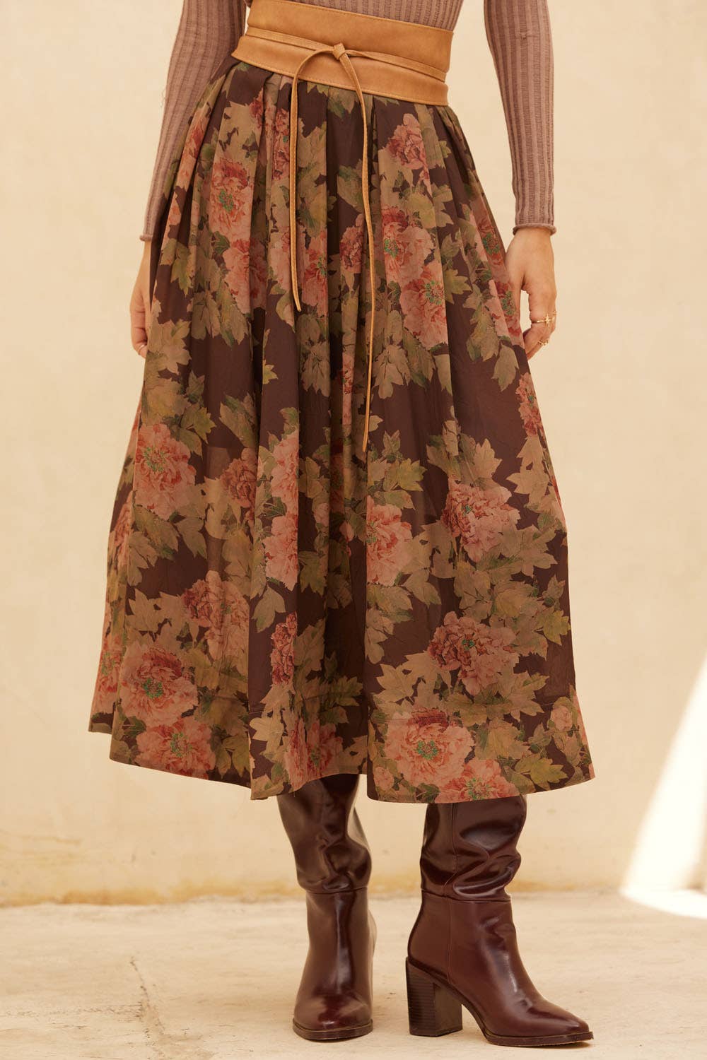 Promesa USA - Floral-Print Pleated Midi Circle Skirt: CHOCOLATE / S