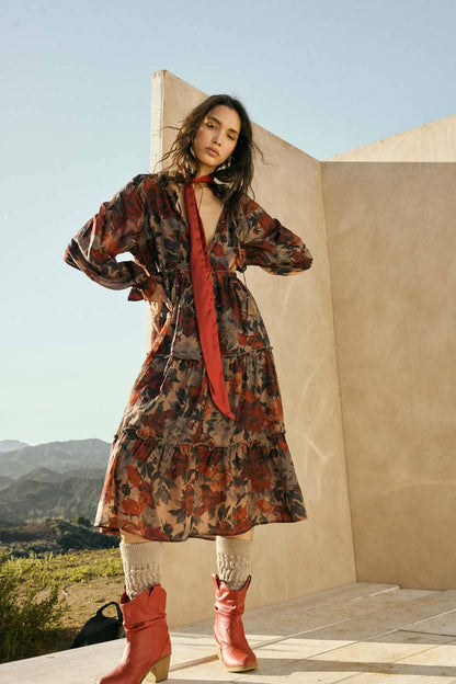 Promesa USA - Floral-Print Tiered Ruffle Long-Sleeve Midi Dress: SAND / L