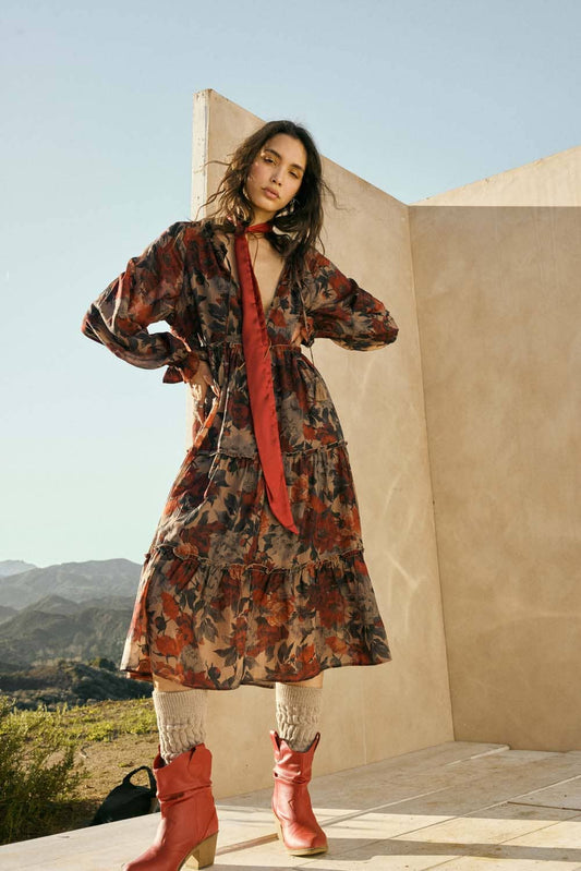 Promesa USA - Floral-Print Tiered Ruffle Long-Sleeve Midi Dress: SAND / M