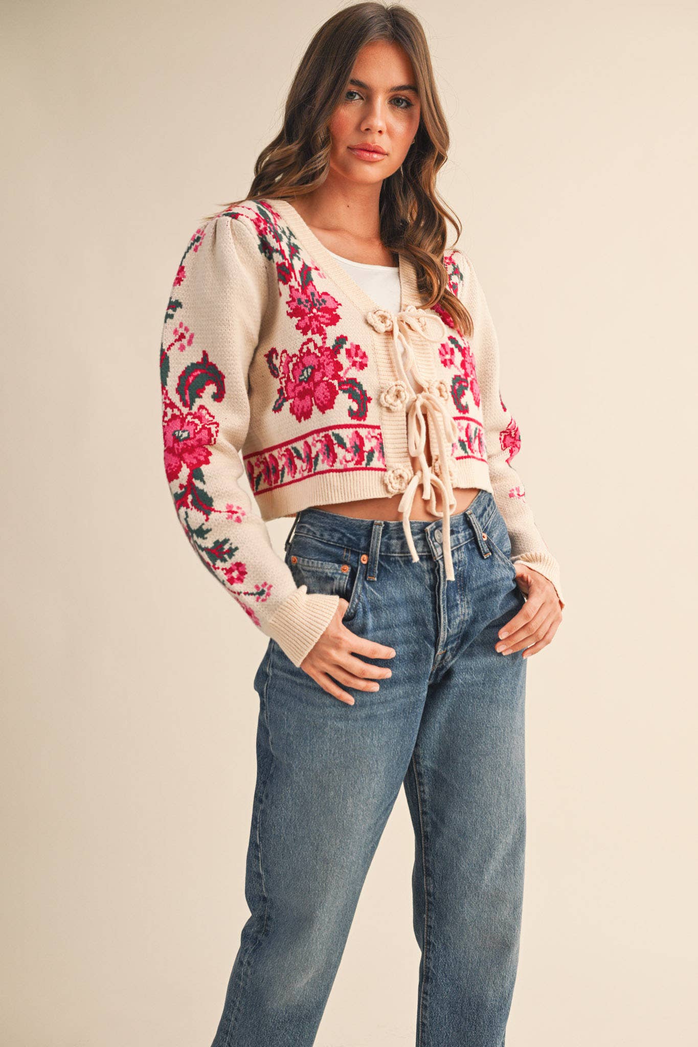 &MERCI - FLORAL KNIT TIE-FRONT CROPPED SWEATER CARDIGAN MSW11133: Brick Red Floral / L