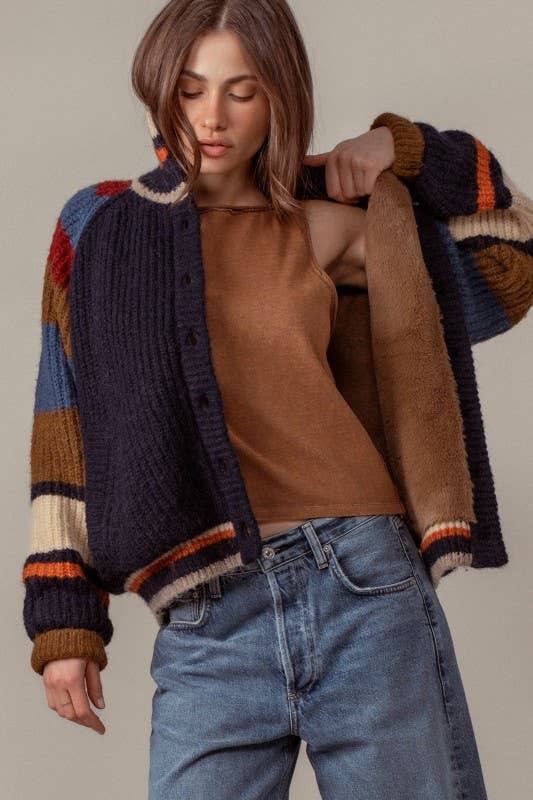 Fashion Week - Plush Fleece-Lined Sweater Cardigan Jacket: Navy / SM-ML/3-3