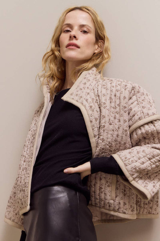 Grade & Gather - 80421 - HIGH NECK COLLAR QUILTED JACKET: BLUE GRANITE / Contemporary / MEDIUM