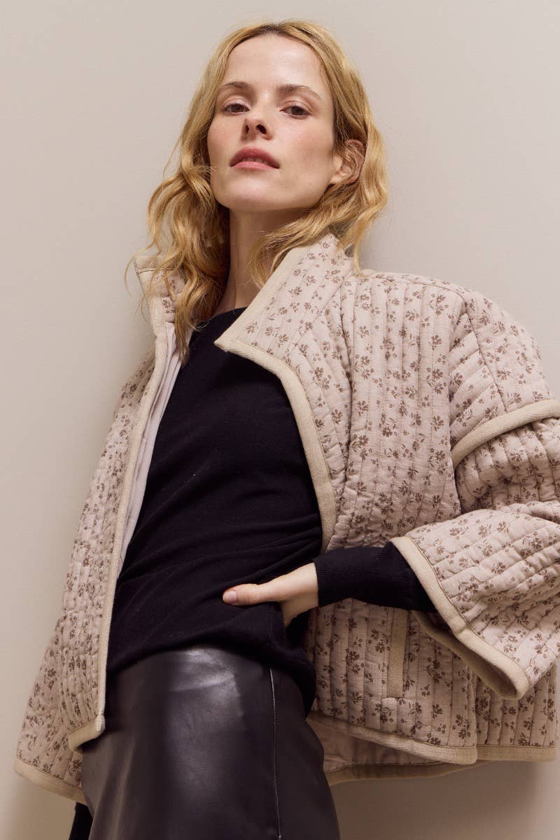 Grade & Gather - 80421 - HIGH NECK COLLAR QUILTED JACKET: BLUE GRANITE / Contemporary / LARGE