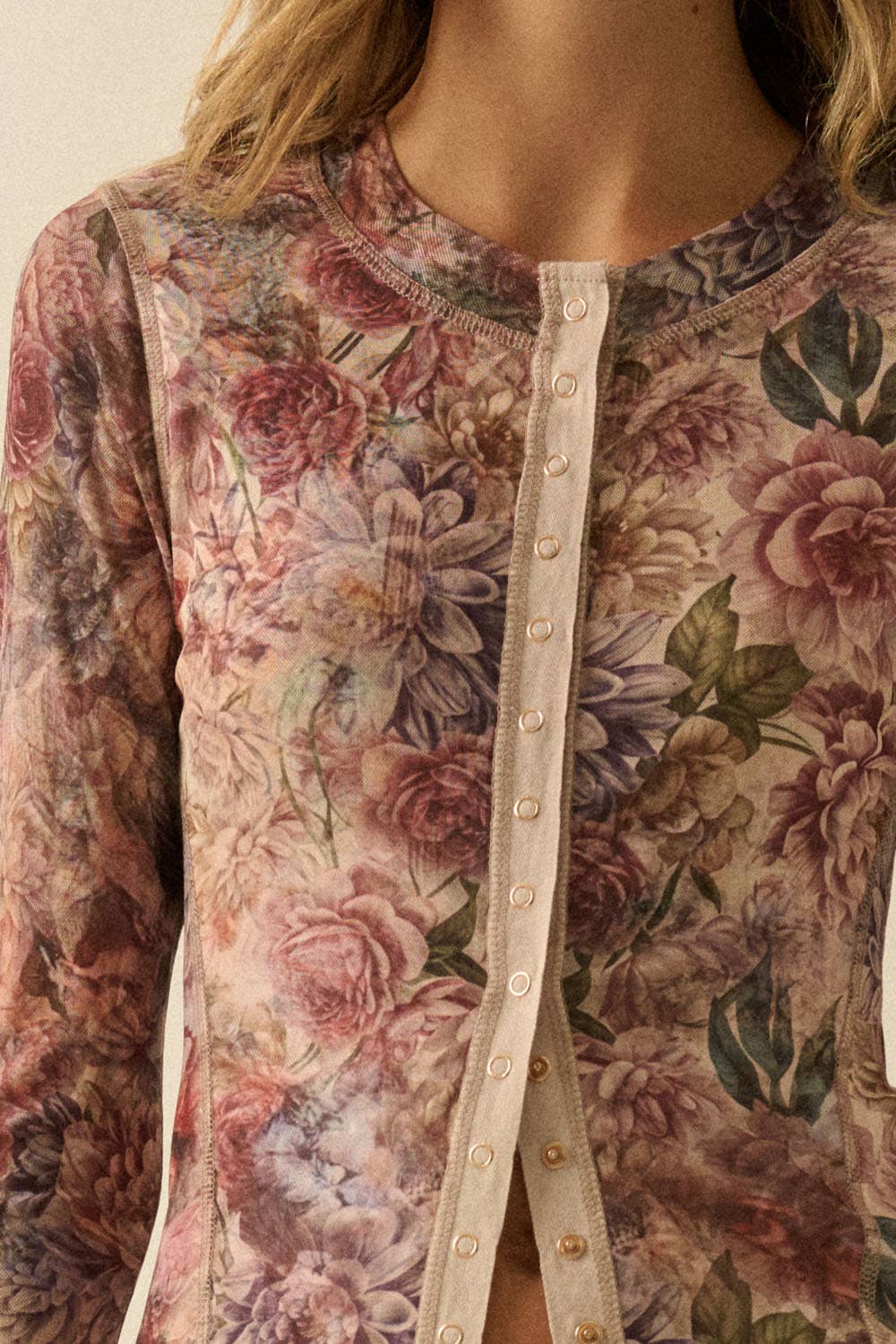 Promesa USA - Floral-Print Mesh Snap-Front Long-Sleeve Top: SAND / M