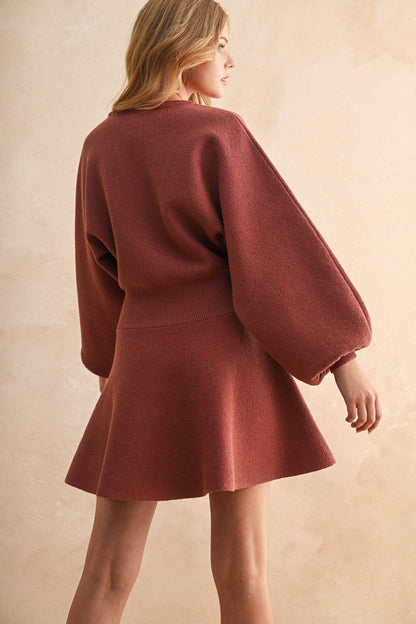 MIOU MUSE - D2660   BALLON SLEEVE SWEATER DRESS: MAROON / L