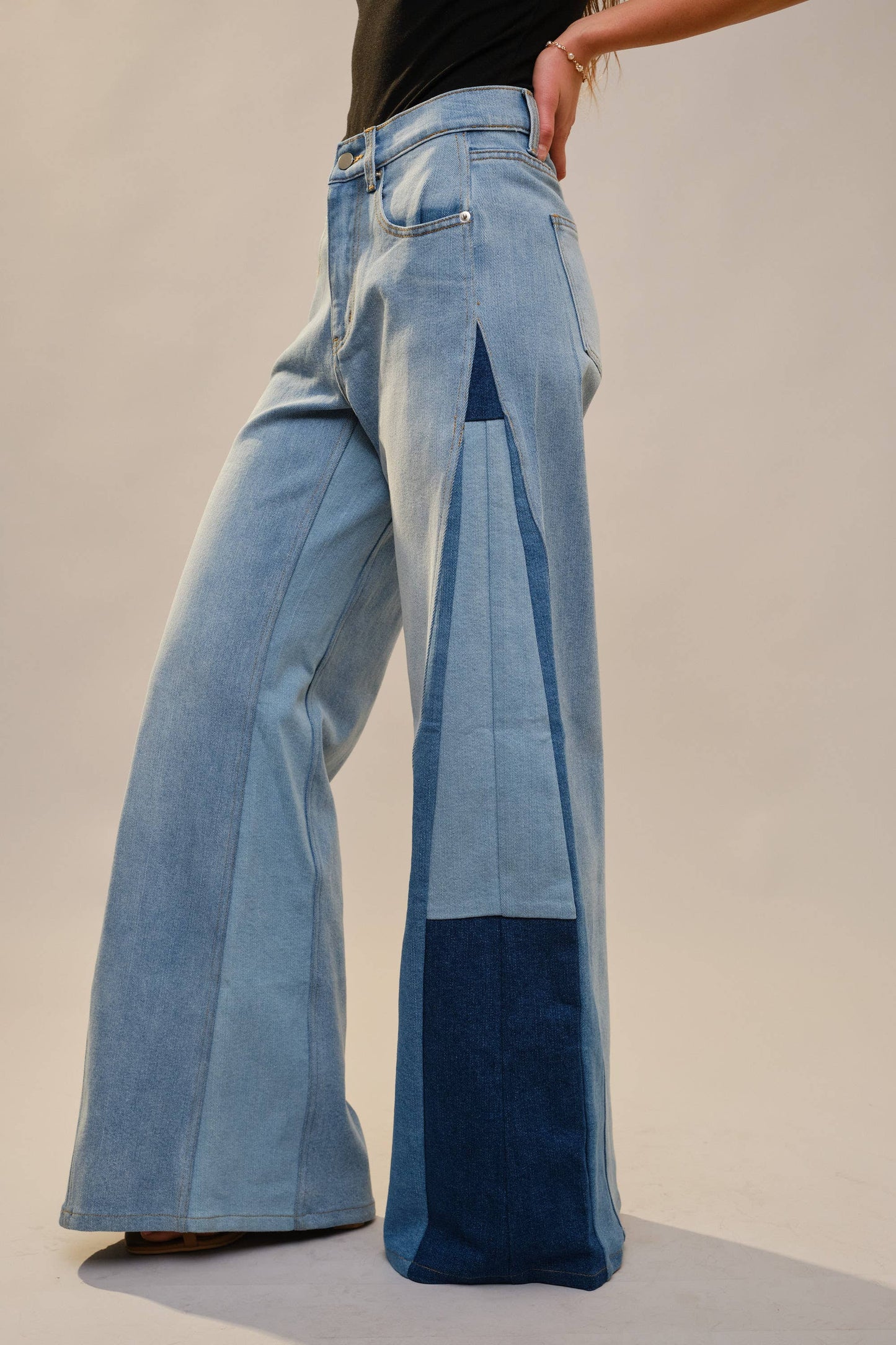Blue B - 91673P - High Rise Super Wide Leg Color Block Jeans: MEDIUM WASH / S-M-L (2-2-2)