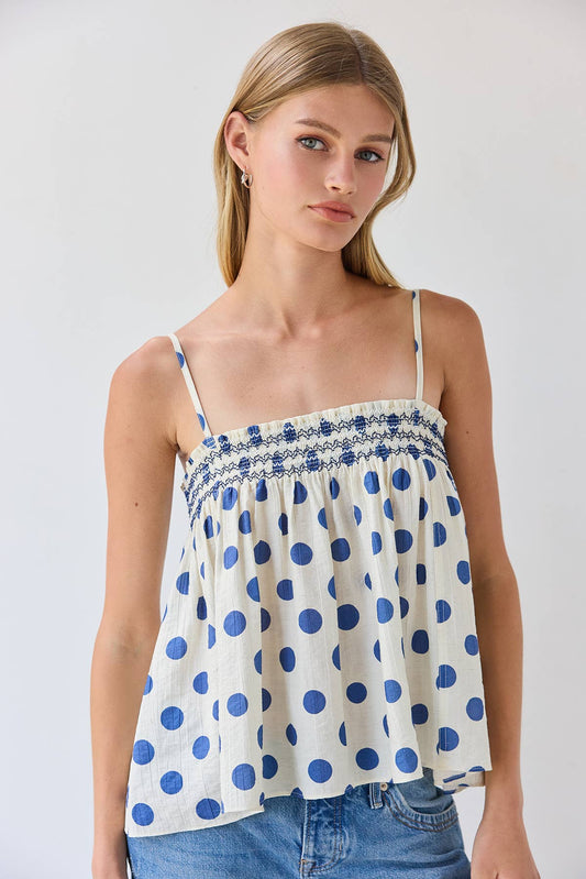 RAISONNEL - Polka Dot Smocked Cami Top - RT1308: POLKA DOT / S-M-L (3-2-1)
