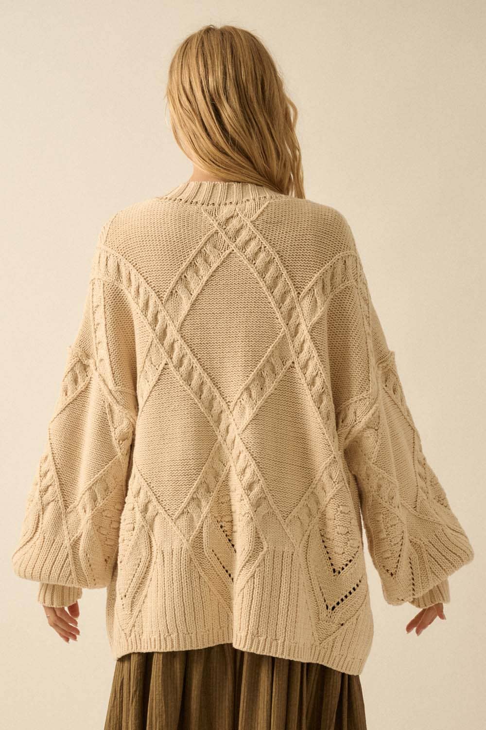 Promesa USA - Cable-Knit Oversize Balloon-Sleeve Cardigan: Cream / S