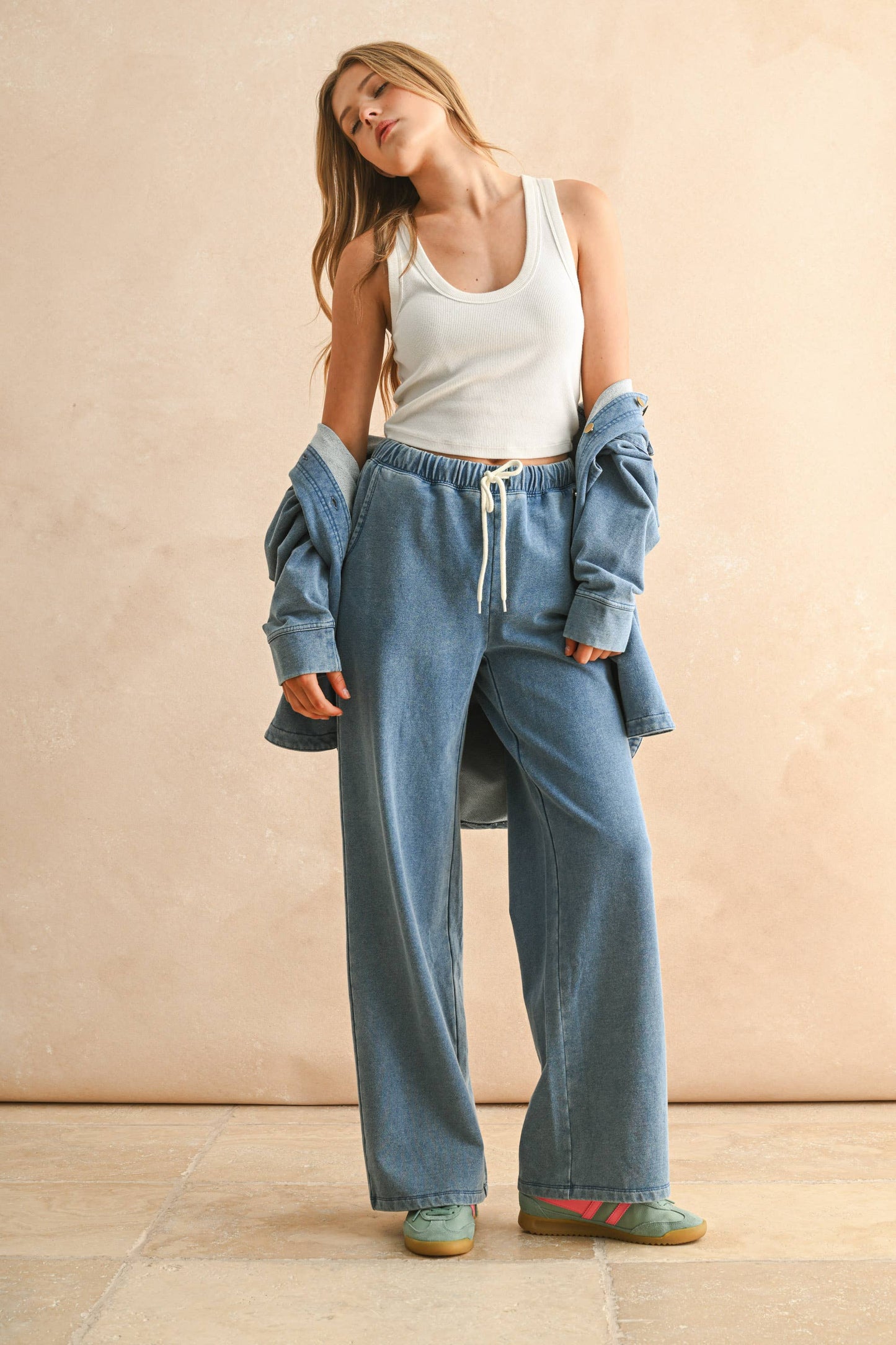 MIOU MUSE - P5656ST   WASHED KNITTED PANTS: DENIM BLUE / M