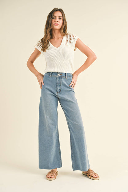 MIOU MUSE - MMP623   STRAIGHT WIDE LEG DENIM PANTS: FADE BLACK / L