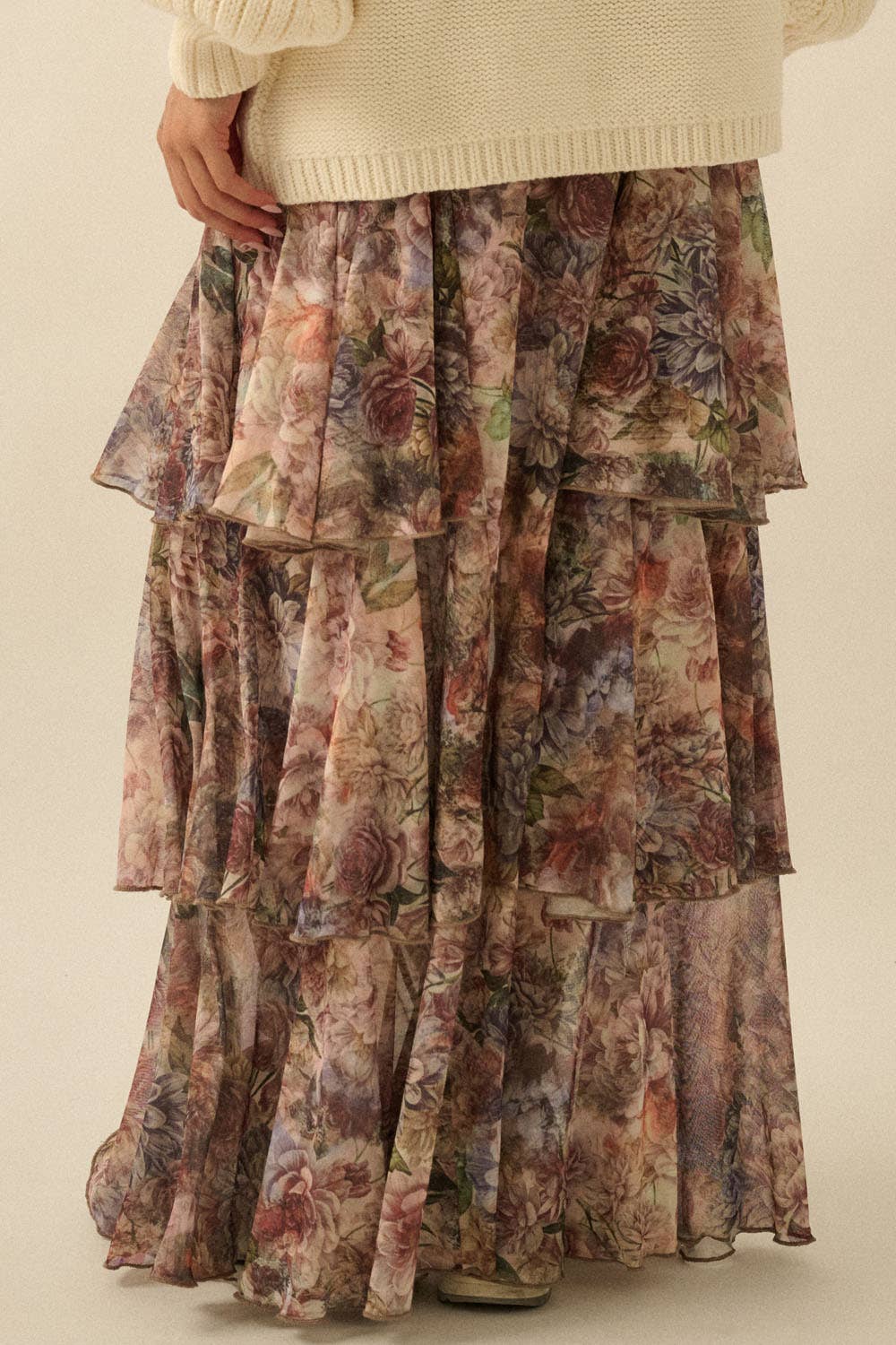 Promesa USA - Floral-Print Mesh Tiered Side-Ruffle Maxi Skirt: SAND / L