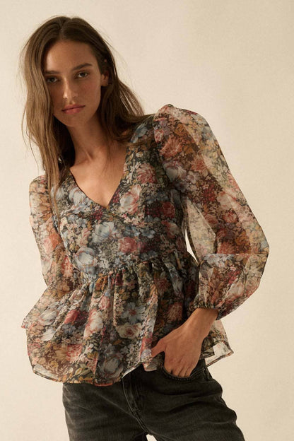 Promesa USA - Floral-Print Organza Puff-Sleeve Peplum Top: BLACK / L