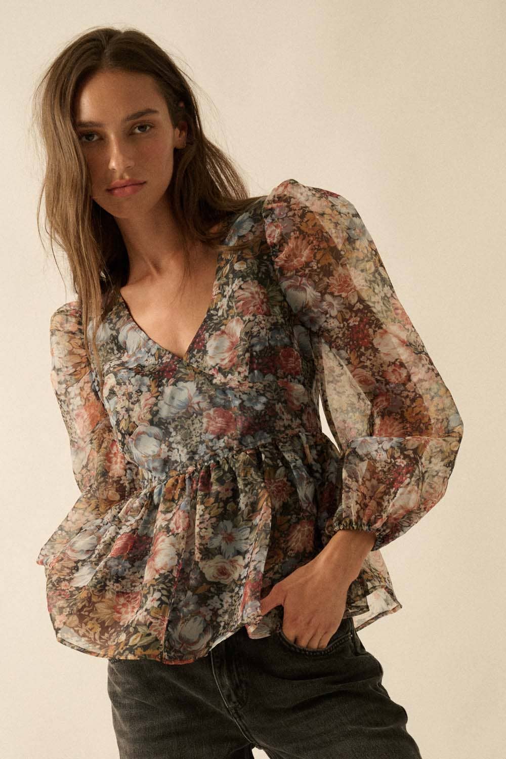 Promesa USA - Floral-Print Organza Puff-Sleeve Peplum Top: BLACK / M