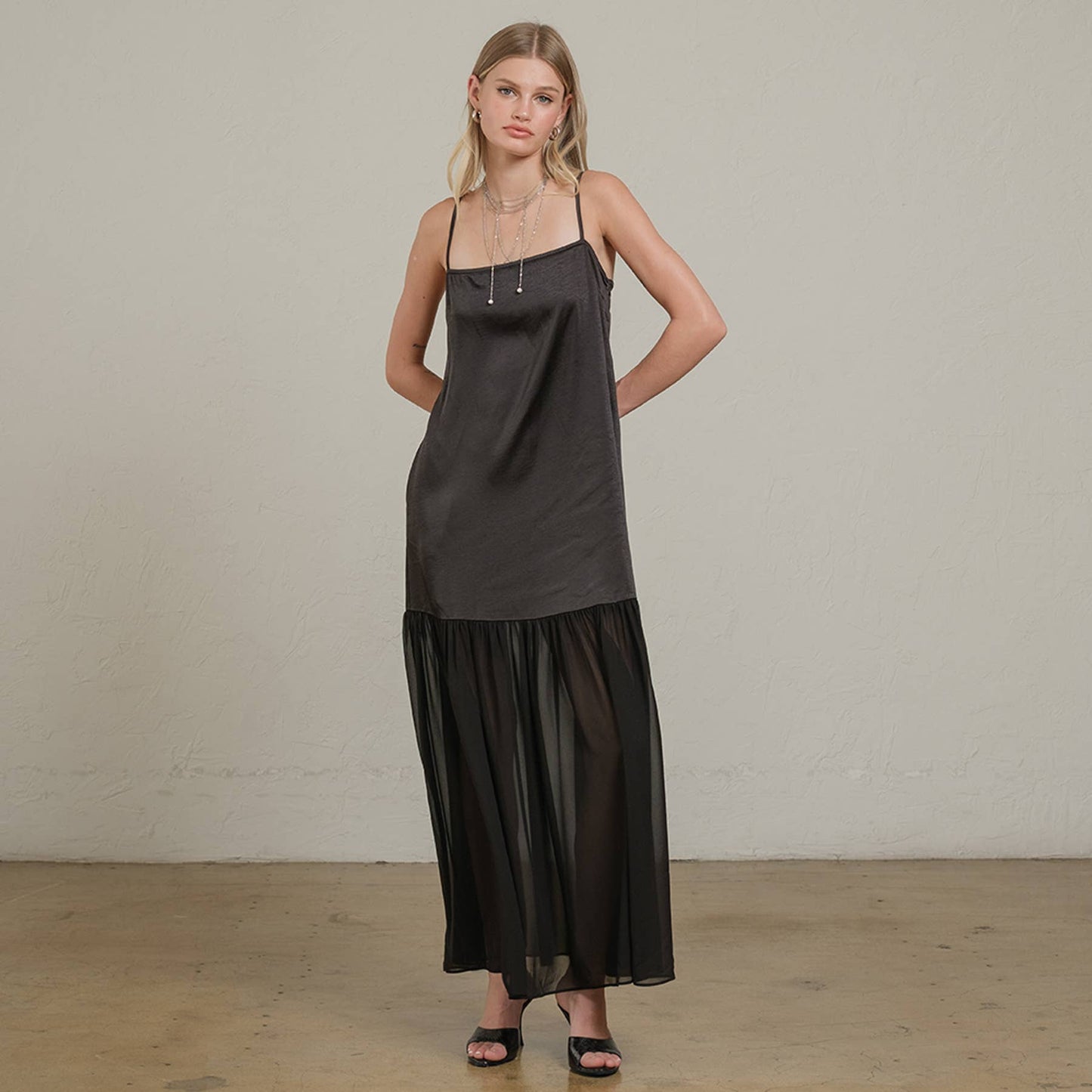 RAISONNEL - Satin Sheer Hem Maxi Slip Dress - RD1266: Black / S-M-L (3-2-1)