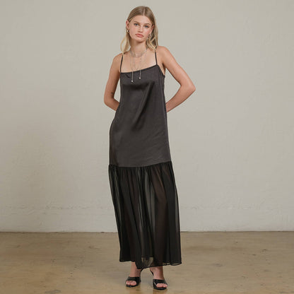 RAISONNEL - Satin Sheer Hem Maxi Slip Dress - RD1266: Black / S-M-L (3-2-1)