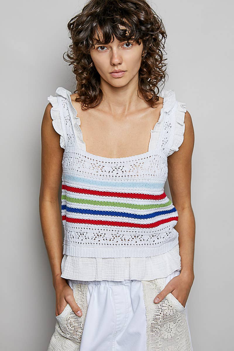 Pol Clothing - Sleeveless Striped Ruffle Cropped Thin Sweater Knit Top: NATURAL / S