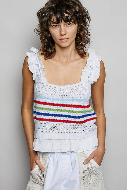 Pol Clothing - Sleeveless Striped Ruffle Cropped Thin Sweater Knit Top: NATURAL / S