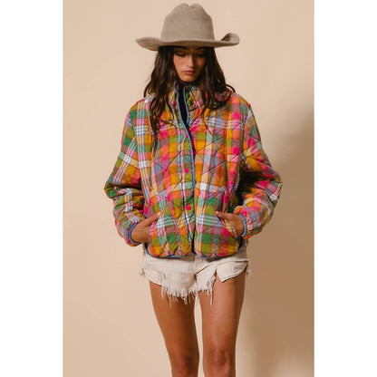 IVE - Bleached Vintage Plaid Quilted Jacket With Pockets: STAINED GLASS / S-M-L-XL(2-2-2-2)
