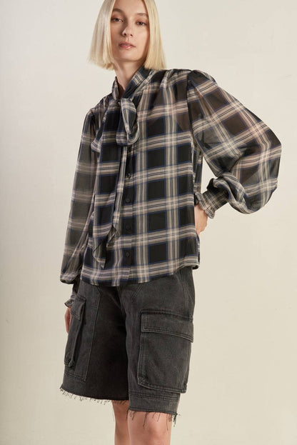 FLYING TOMATO - A wove plaid top - FT1360: BLACK MULTI / Contemporary / S