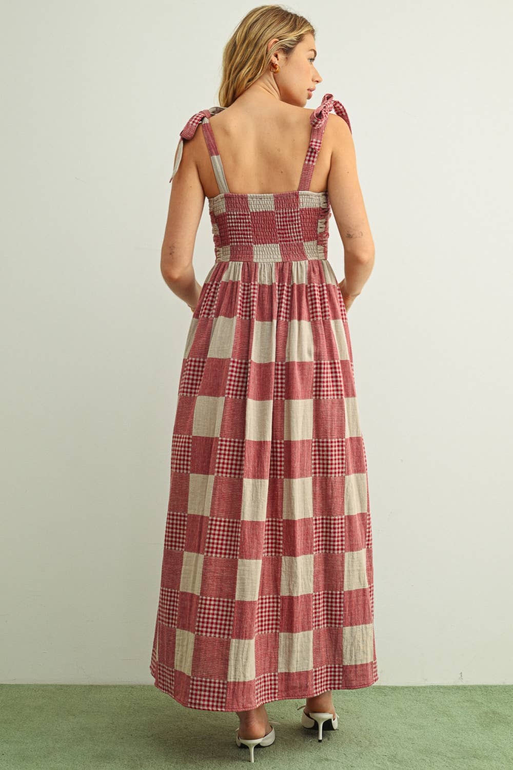MIOU MUSE - D6765   GINGHAM AND STRIPE PATCH EFFECT DRESS: NAVY / M