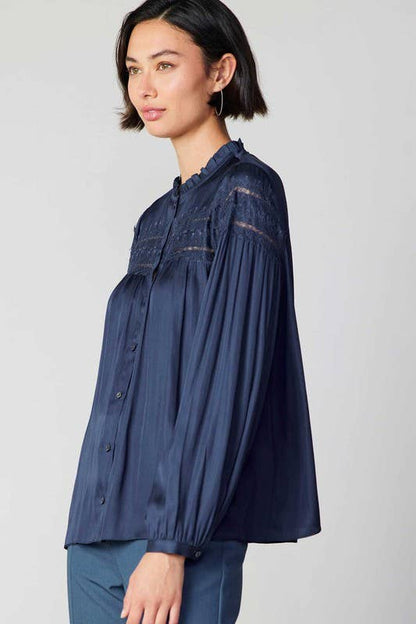 Current Air - Lace Detailed Button Down Blouse: Slate Navy / XS