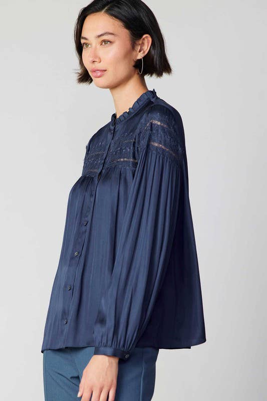 Current Air - Lace Detailed Button Down Blouse: Slate Navy / S