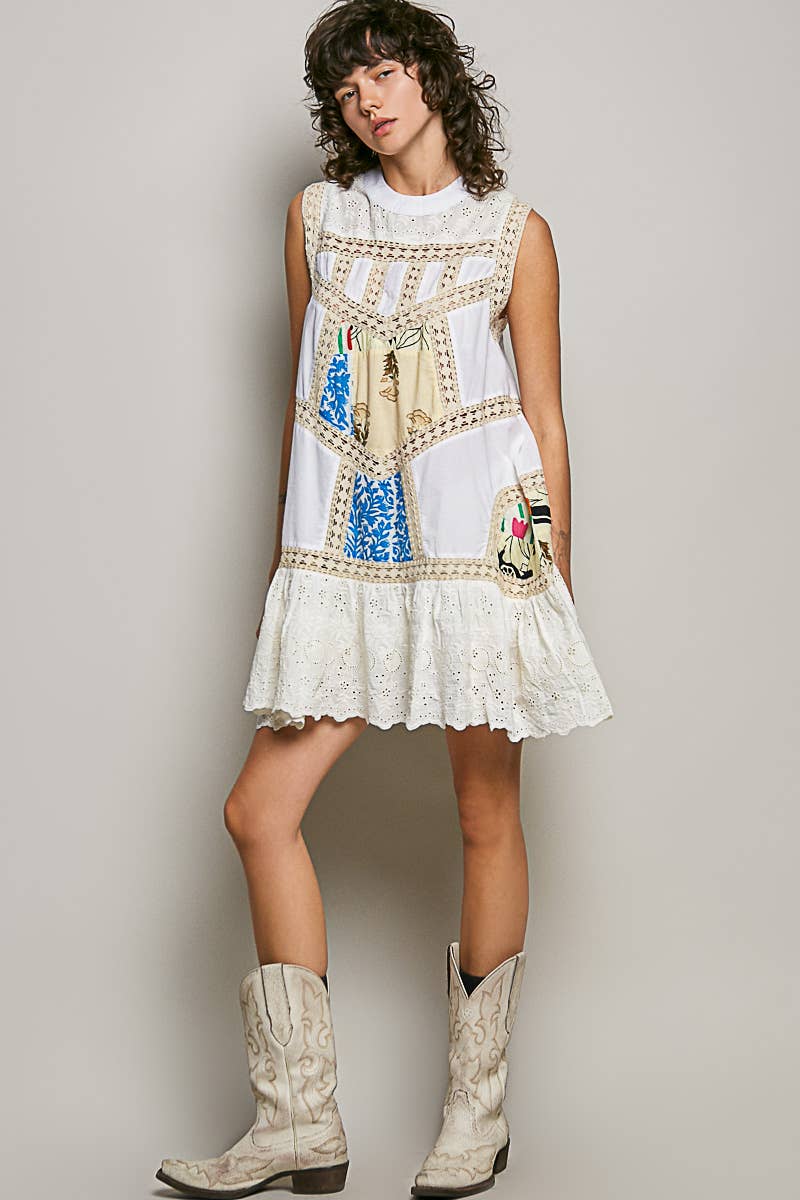 Pol Clothing - Boho Printed Scalloped Edge Eyelet Lace Mini Dress: NATURAL MULTI / S