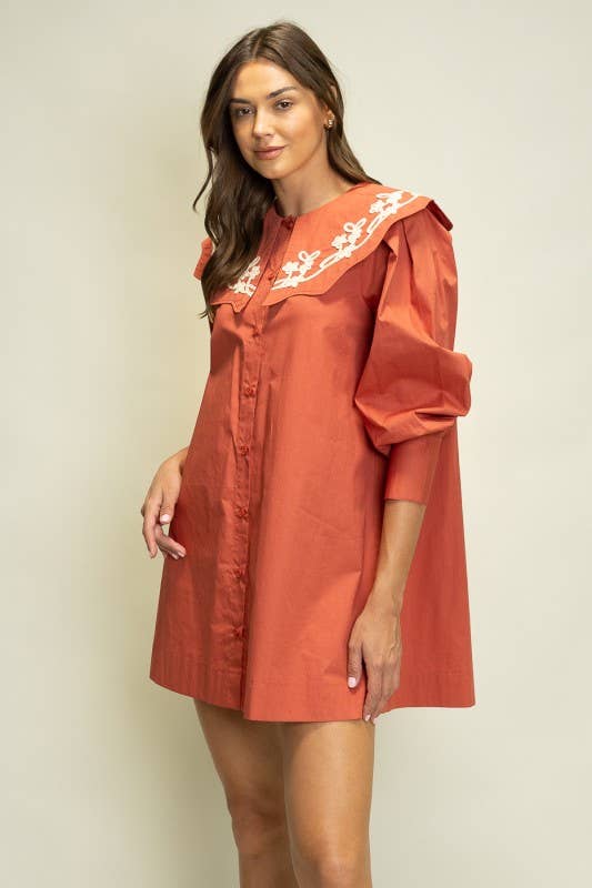 Heyson - JOD1227 Embroidered Collar Puff Sleeve Shirt Dress: PLUM / S-M-L (2-2-2)