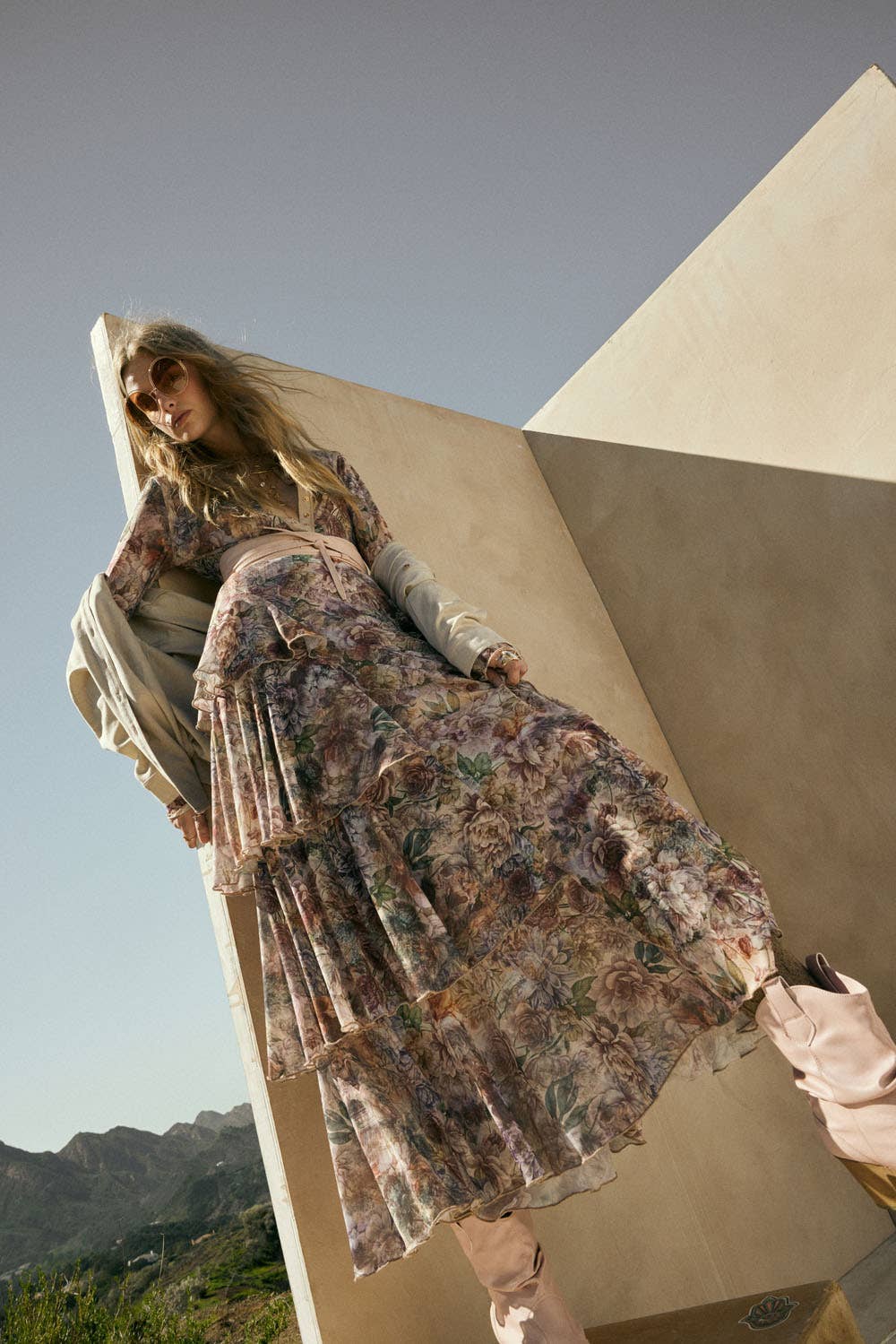 Promesa USA - Floral-Print Mesh Tiered Side-Ruffle Maxi Skirt: SAND / M