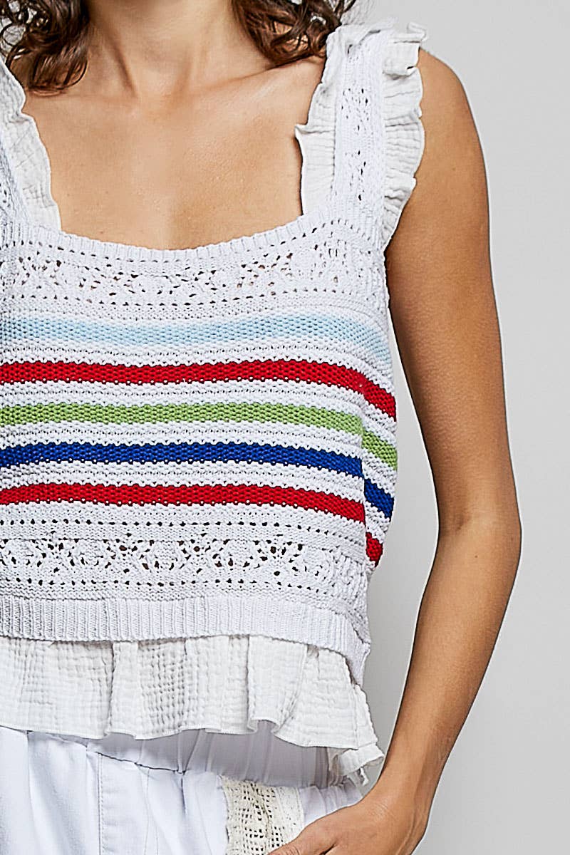Pol Clothing - Sleeveless Striped Ruffle Cropped Thin Sweater Knit Top: NATURAL / M