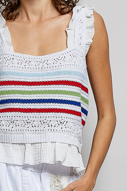 Pol Clothing - Sleeveless Striped Ruffle Cropped Thin Sweater Knit Top: NATURAL / S