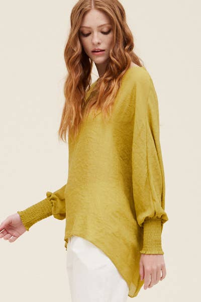 Grade & Gather - 40250PP - SMOCKED SLEEVE BLOUSE: CHARTREUSE / MEDIUM/LARGE