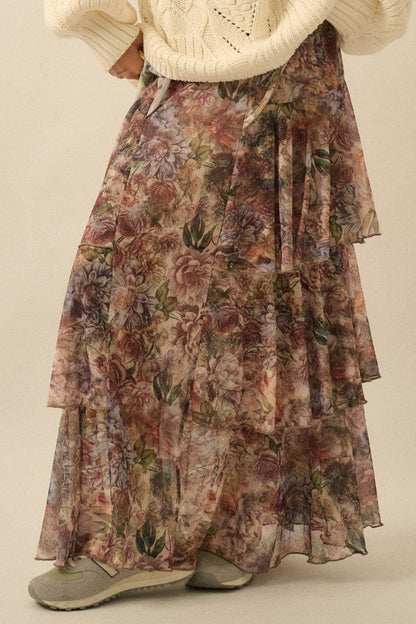 Promesa USA - Floral-Print Mesh Tiered Side-Ruffle Maxi Skirt: SAND / L