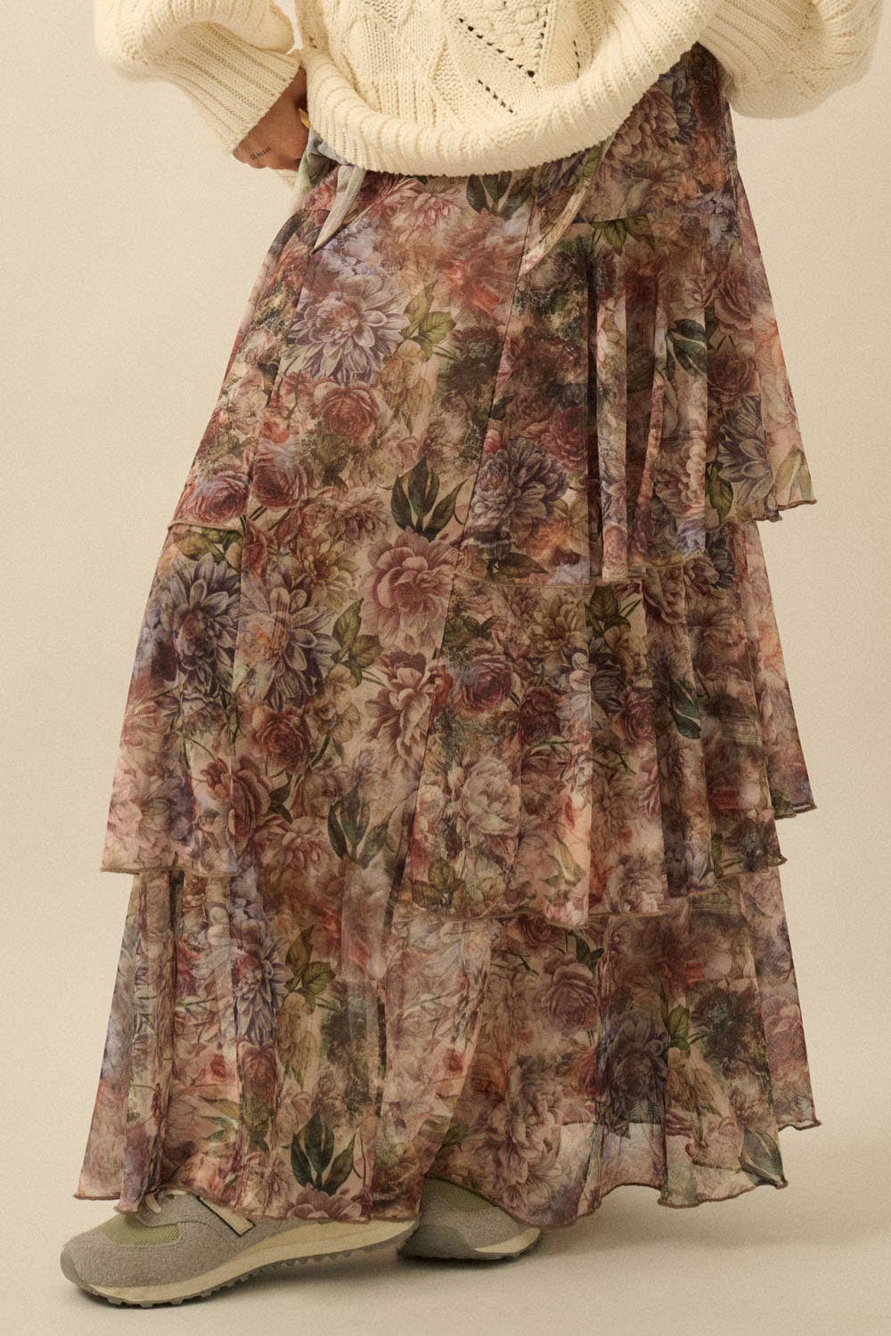 Promesa USA - Floral-Print Mesh Tiered Side-Ruffle Maxi Skirt: SAND / S