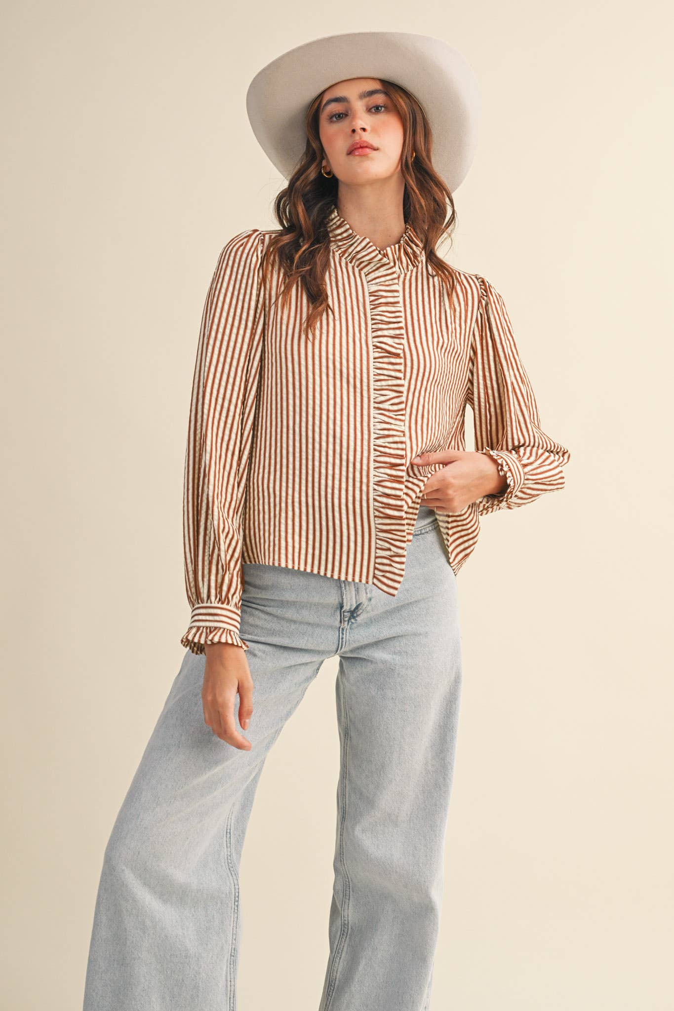 &MERCI - STRIPED RUFFLED BUTTON DOWN LONG SLEEVE TOP MTP4319: Denim Blue Stripe / M