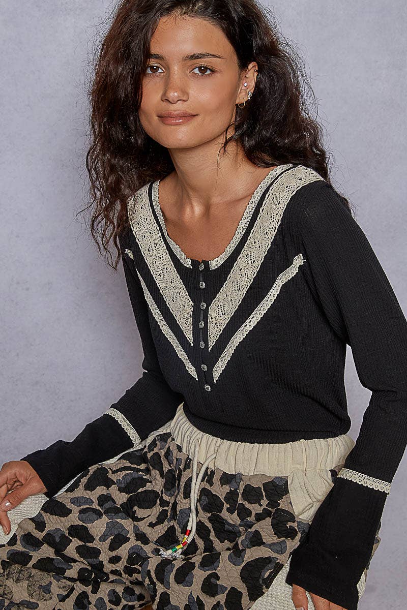 Pol Clothing - Long sleeve double gauze solid knit rib top: Black / L