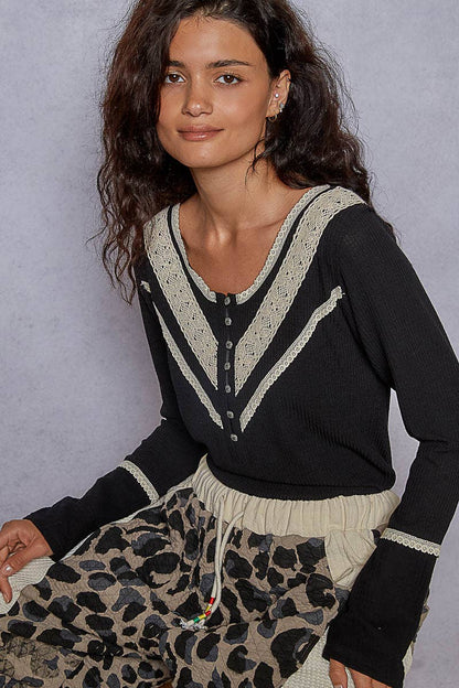Pol Clothing - Long sleeve double gauze solid knit rib top: Black / M