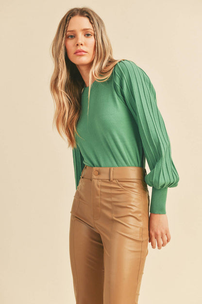 &MERCI - STRIPE TEXTURE PUFF SLEEVE SWEATER MSW9485: ROSEMARY GREEN / M