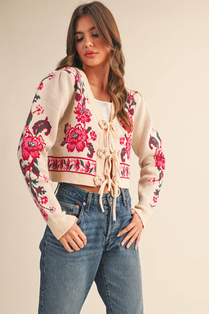 &MERCI - FLORAL KNIT TIE-FRONT CROPPED SWEATER CARDIGAN MSW11133: Brick Red Floral / L