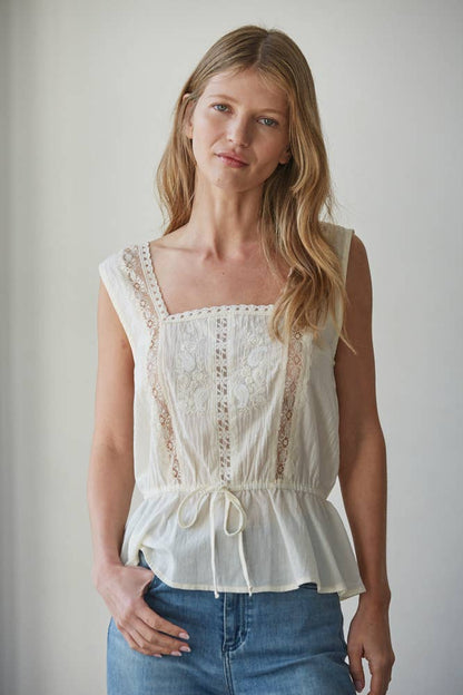 By Together - L9449 | Woven Cotton Sleeveless Square Neck Peplum Top: Cream / S