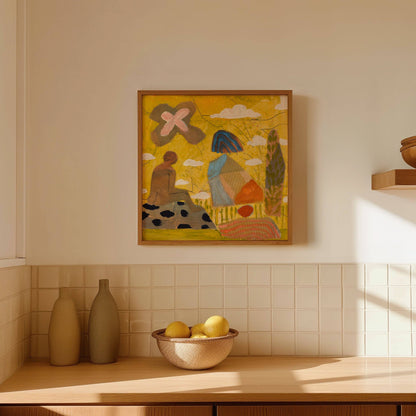 El Baker Art - Vibrant Yellow Abstract Figure Art Print: Unframed, Giclee Paper Print Only / 14×14