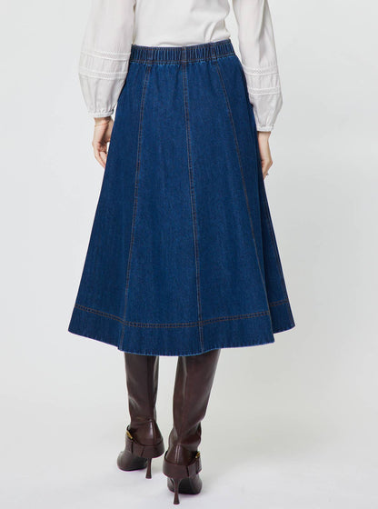 Current Air - Floral Embroidery Patch Denim Midi Skirt: Denim / S