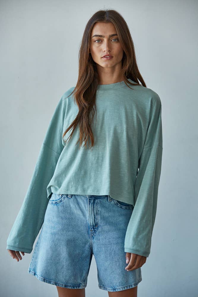 By Together - L8748 | Knit Cotton Mock Neck Long Wide Sleeve Top: Deep Taupe / L