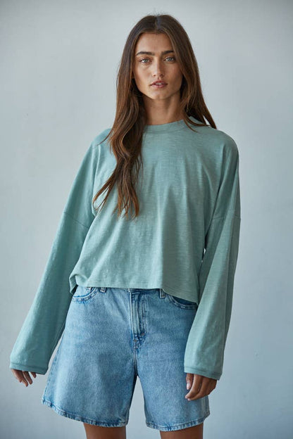 By Together - L8748 | Knit Cotton Mock Neck Long Wide Sleeve Top: Deep Taupe / S