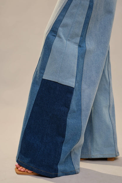 Blue B - 91673P - High Rise Super Wide Leg Color Block Jeans: MEDIUM WASH / S-M-L (2-2-2)