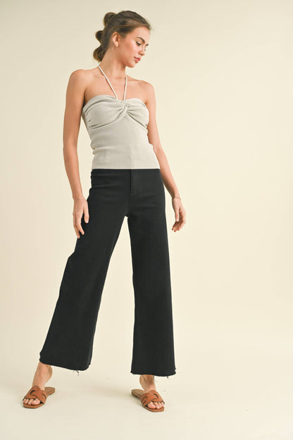 MIOU MUSE - MMP623   STRAIGHT WIDE LEG DENIM PANTS: FADE BLACK / L