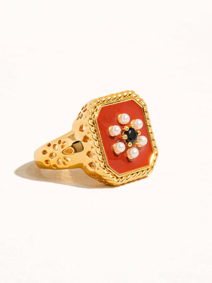 Flânerie by MAIQ - Rouge 18K Gold Red Enamel Vintage Adjustable Ring: Red